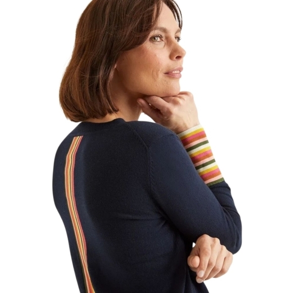 Boden Navy Cardigan with Multicolor Striped Cuffs Women's Size Xsmall - Picture 4 of 14